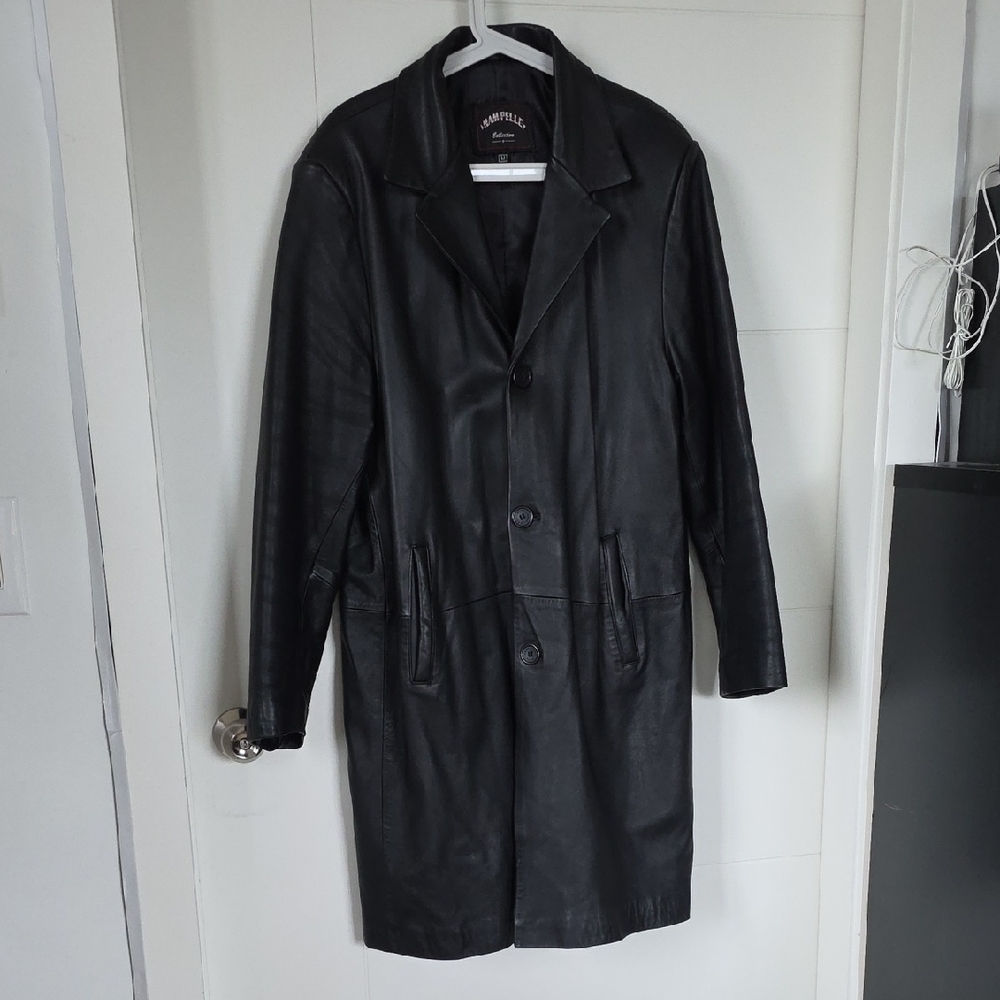 Men's Vintage Black Genuine Leather Trench Coat Size M